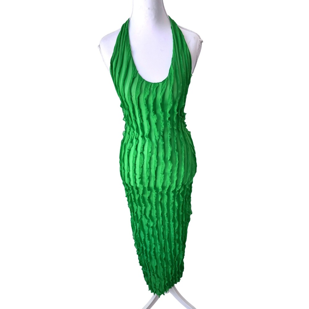 Micas Green Sheer Ruffle Texture Halter Backless Maxi Dress NWT XS